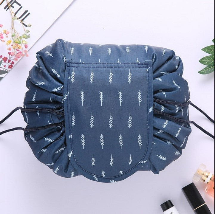 Drawstring Cosmetic Bag Travel Organizer - Navy Feather_0