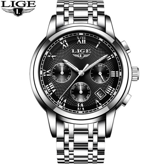 Men's Watch LIGE Multi-Function Three-Eye Corrugated Watch - Silver Black_0