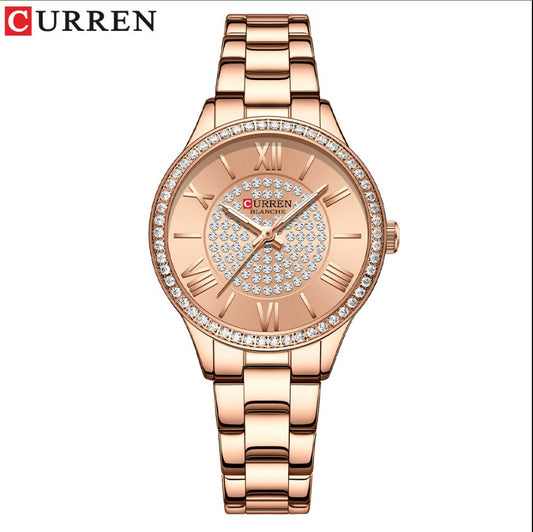 CURREN Ladies Watch Fashion Steel Band Watch - Rose Red_0