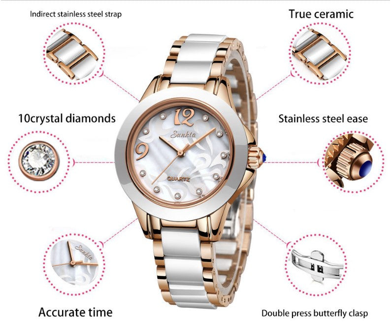 SUNKTA Explosive Ceramic Ladies Watch - Silver White_2