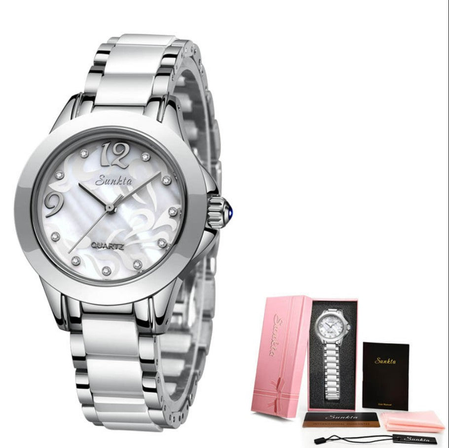 SUNKTA Explosive Ceramic Ladies Watch - Silver White_0