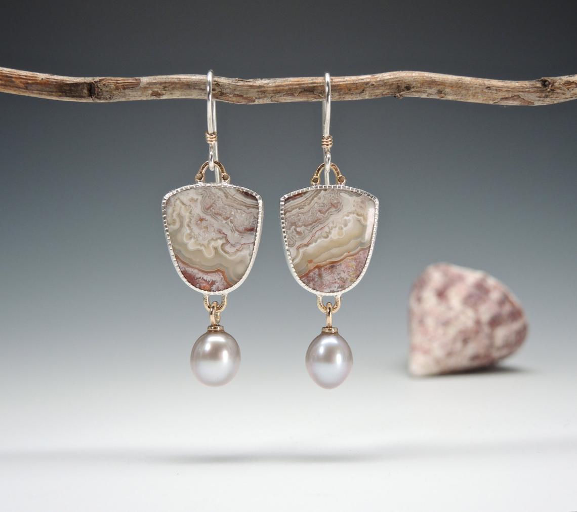 Pearl Drop Pendant New Handmade Lace Agate Earrings