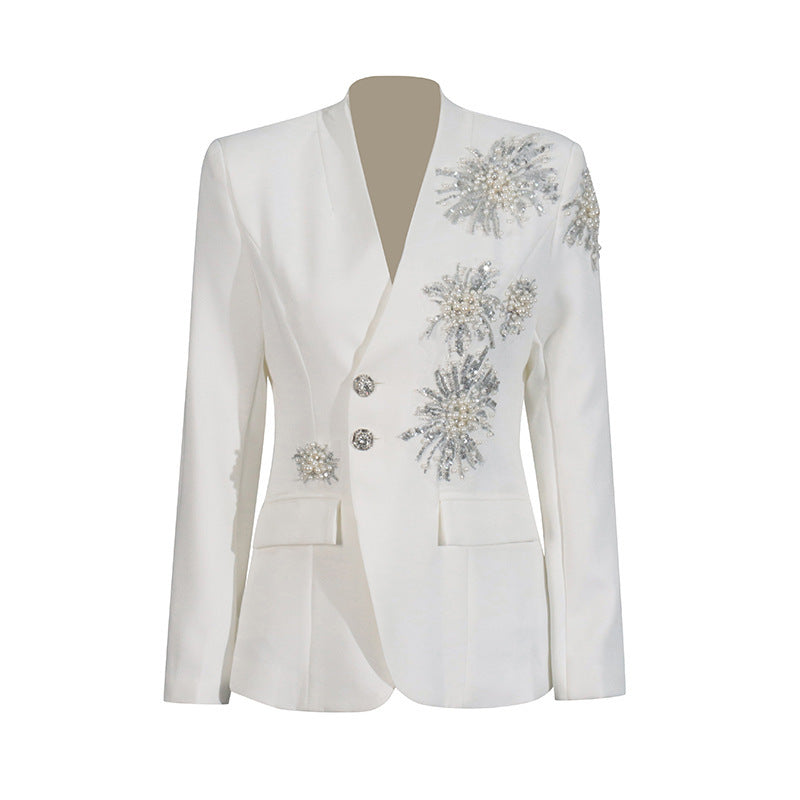 Rhinestone Design Solid Color Suit Coat For Women